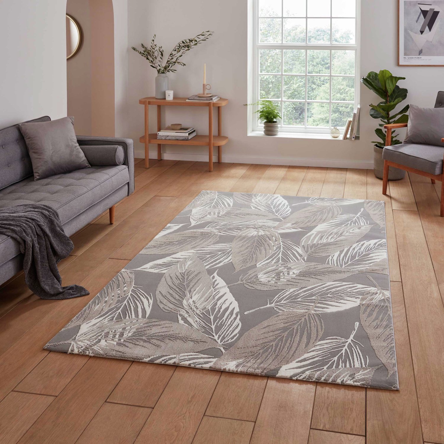 Think Rugs Flores Leaf Grey Rug - 160x230cm