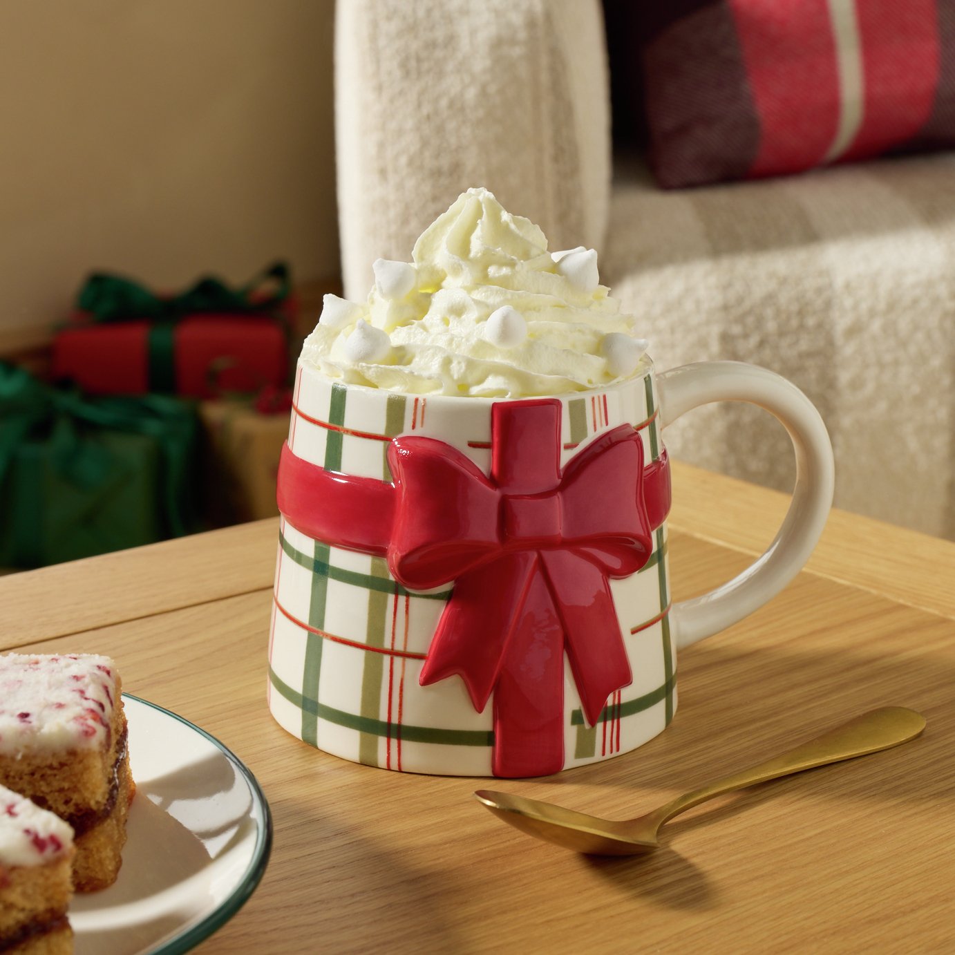 Argos Home Gingham Check Bow Stoneware Mug - Red