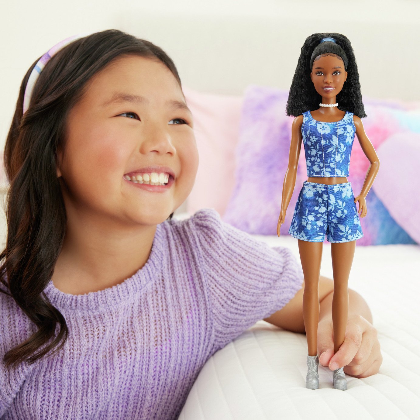 Fashionistas Style Doll in Blue Floral Shorts & Top, Black Hair