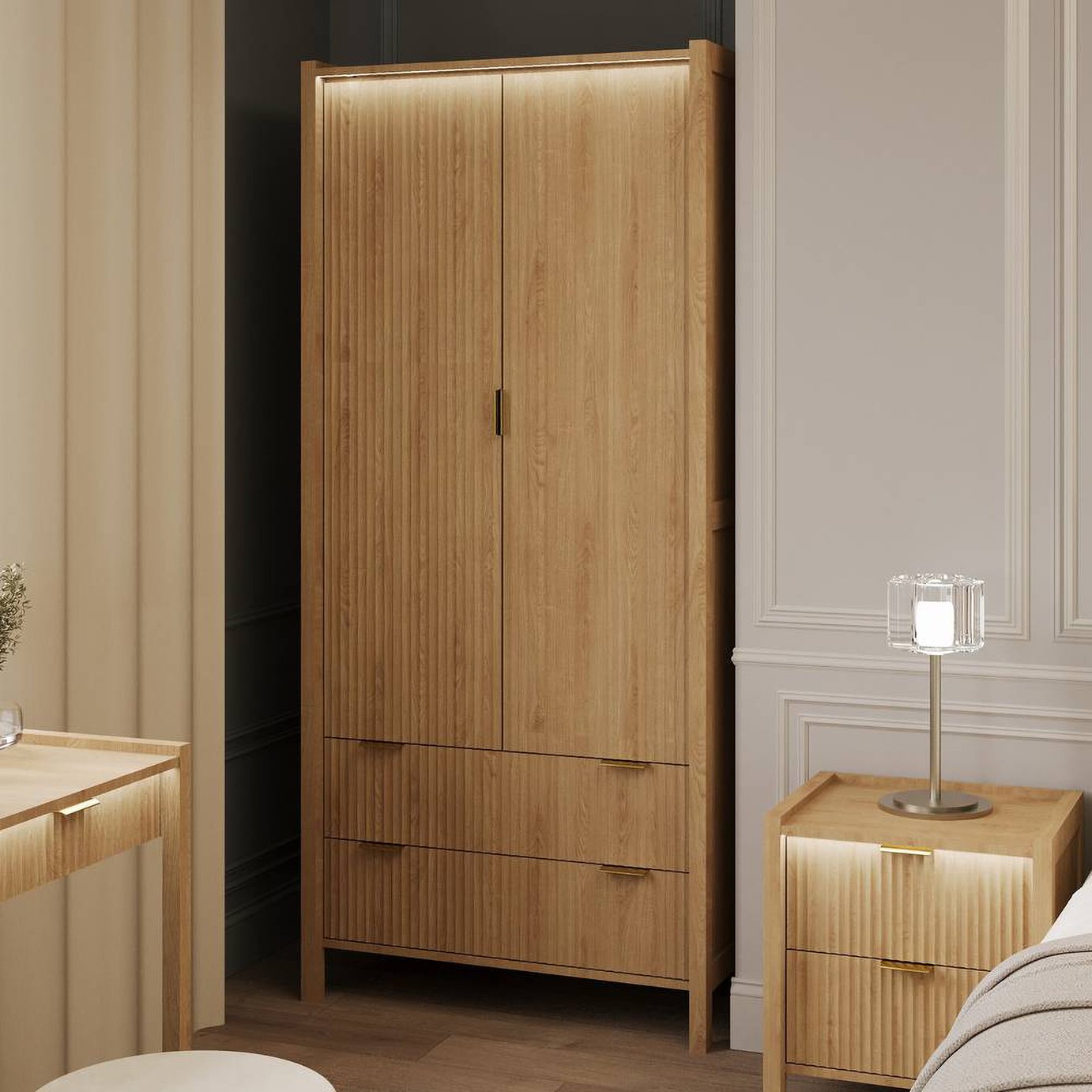 XR Living Dakota 2 Door 2 Drawer Wardrobe With App Controlled LED - Oak