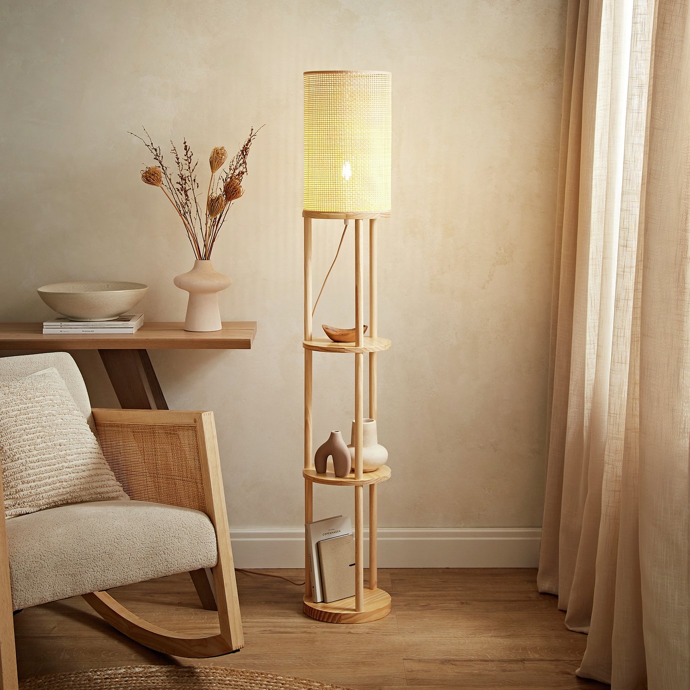 ValueLights Elsa Wooden 3 Tier Statement Floor Lamp - Natural