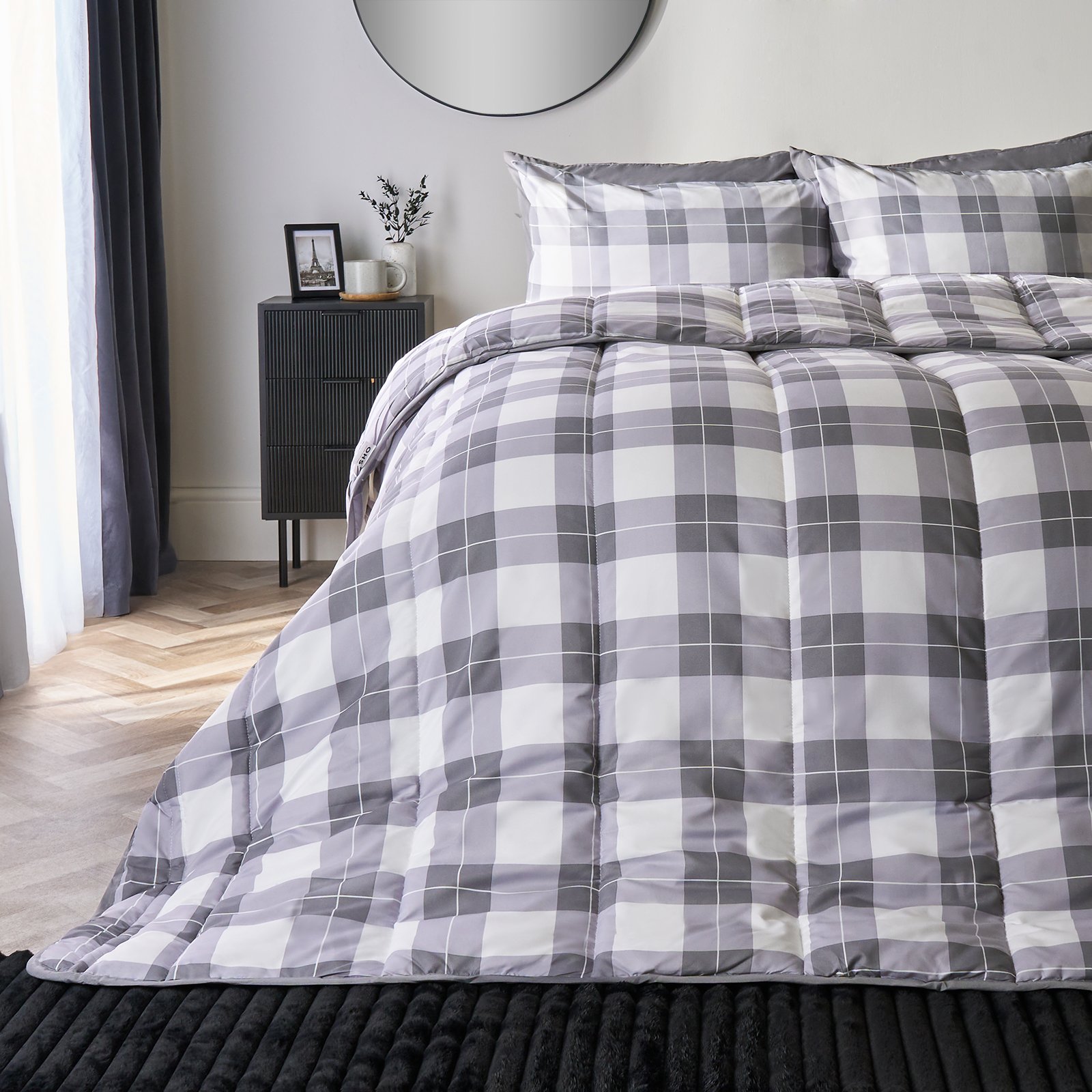 OHS Gingham Reversible 10.5 Tog Coverless Duvet Set Bedding Grey - Single