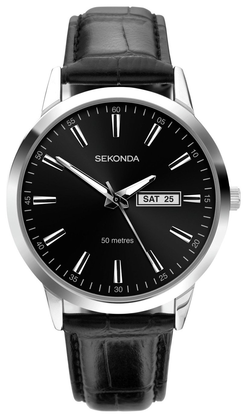 Sekonda Men's Black Leather Strap Black Dial Watch