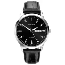 Sekonda Men's Black Leather Strap Black Dial Watch