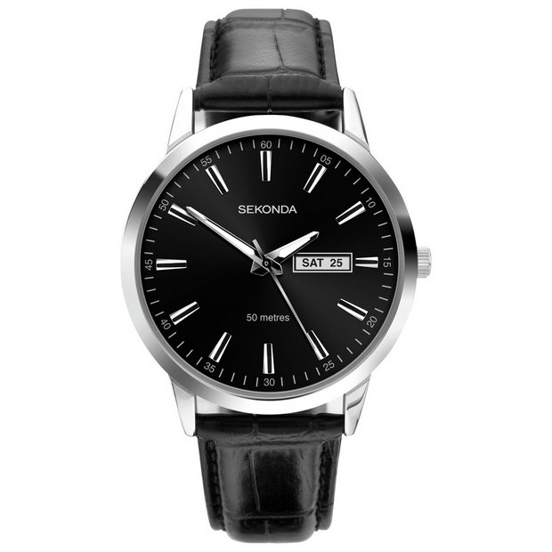 Buy Sekonda Men s Black Leather Strap Black Dial Watch Men s watches Argos