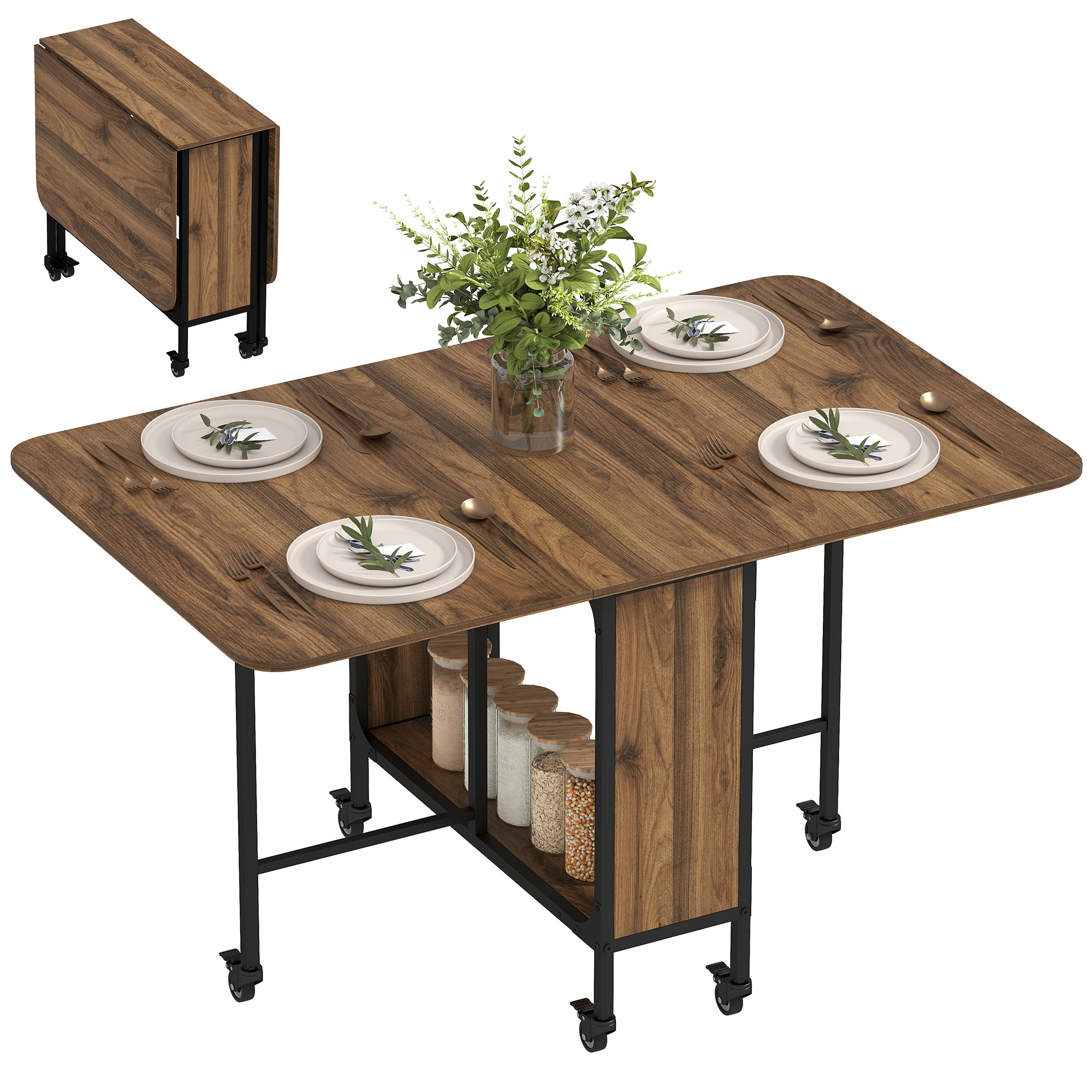 HOMCOM Mobile Drop Leaf Table with 6 Wheels and Shelf - Brown