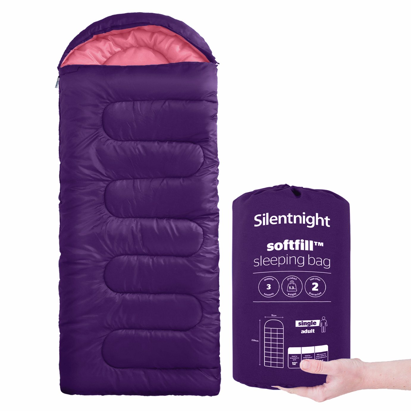 Silentnight 280 GSM Mummy Softfill  Adult Sleeping Bag - Purple