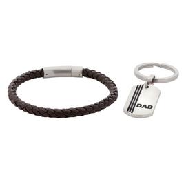 Revere Men's Brown Leather Bracelet & Dad Keyring Set