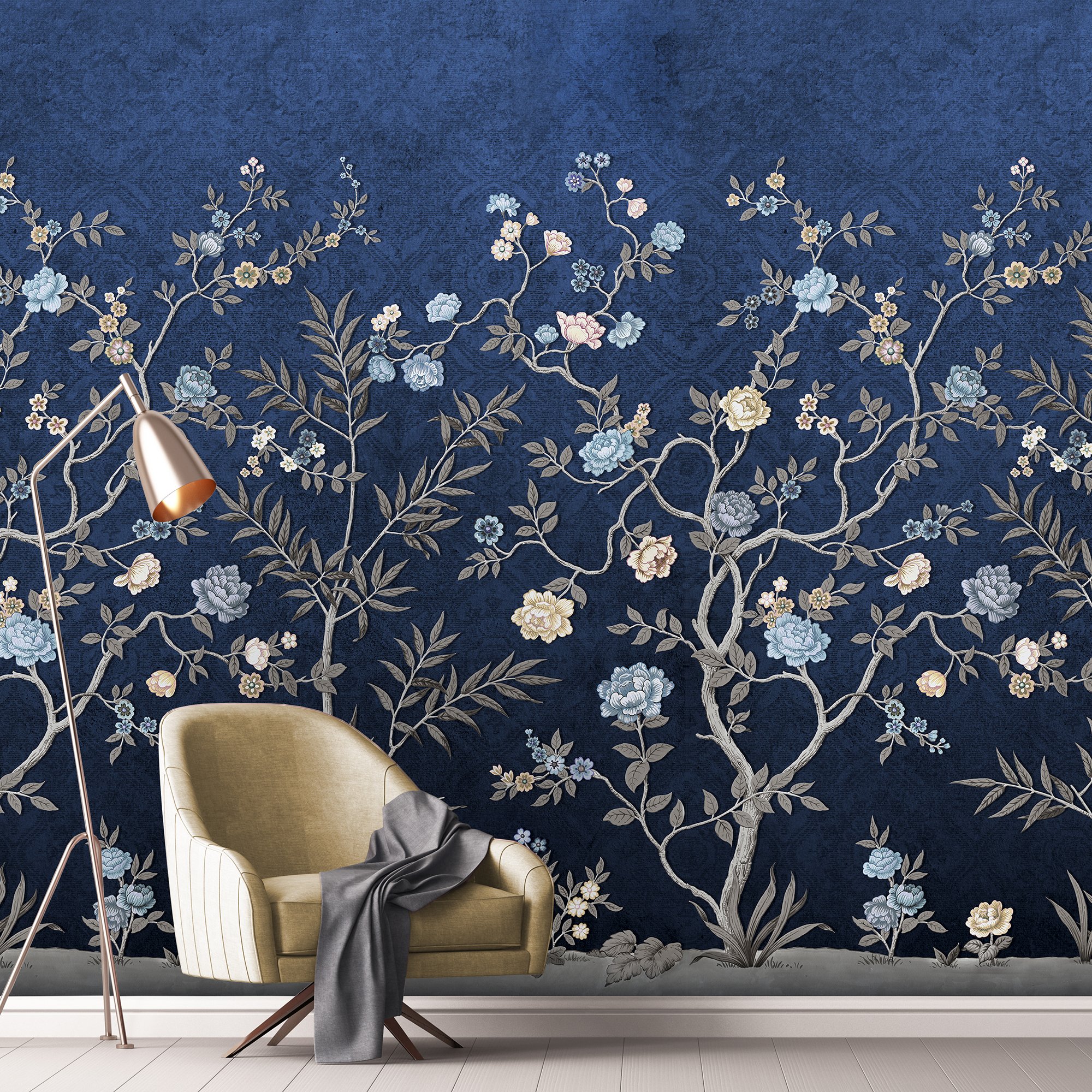 Grandeco Embroidered Chinoiserie 4 Lane Repeatable Wallpaper Mural - Blue