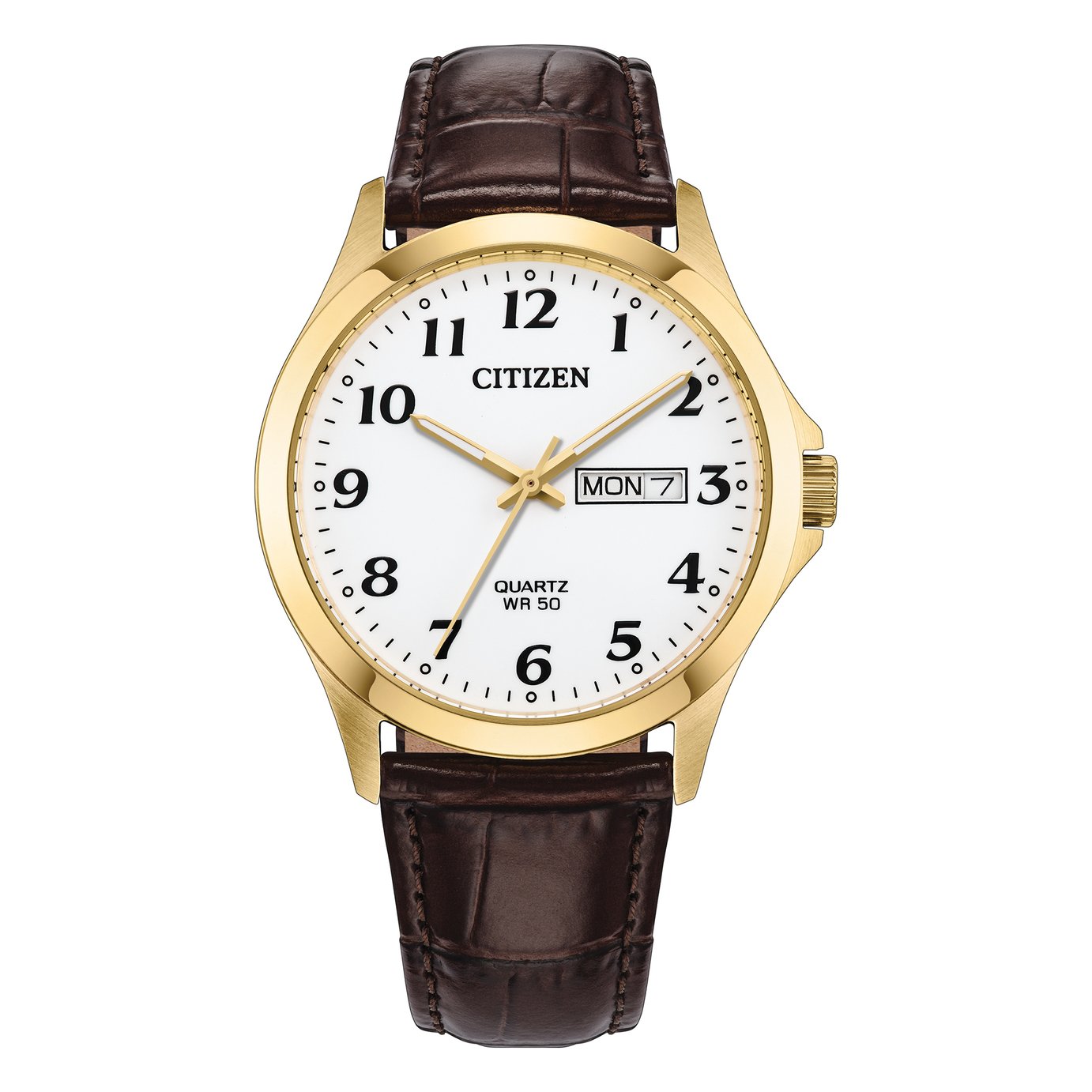Citizen Gold Tone Stainless Steel Bezel White Dial Brown Leather Strap Watch