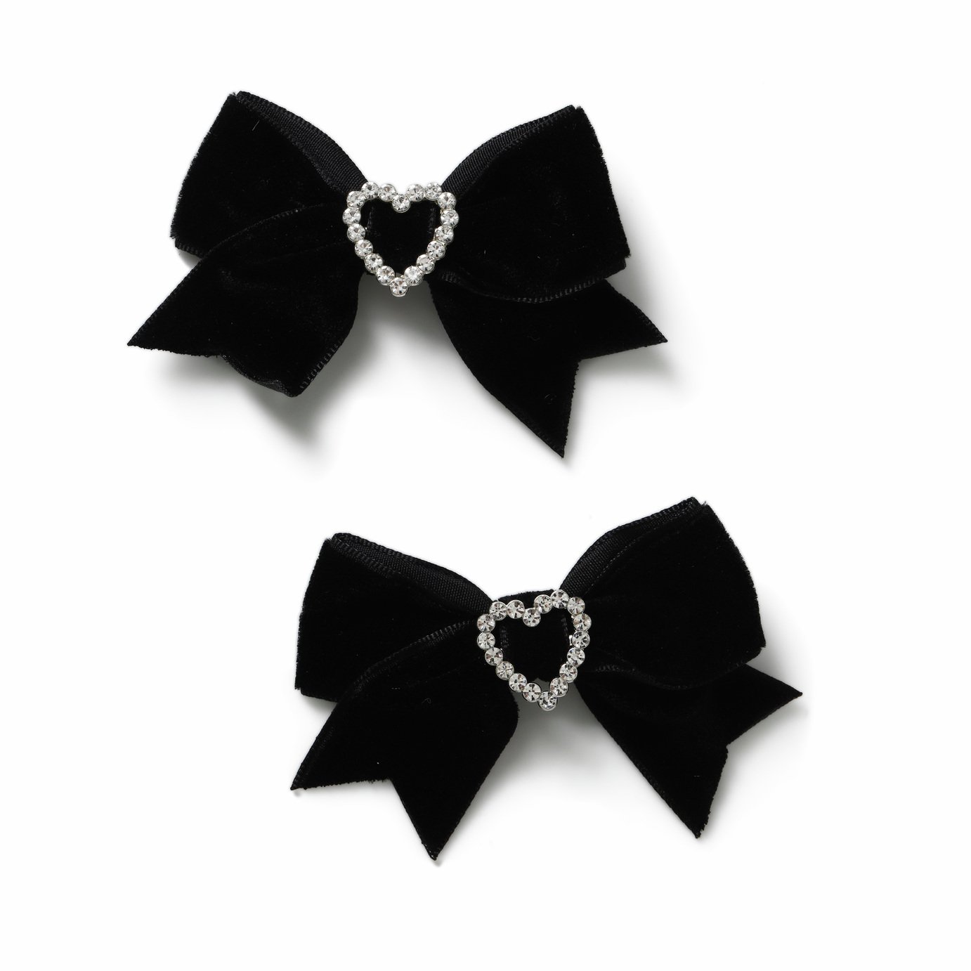 Flitzy Black Velvet Rhinestone Heart Bow Hair Clips - Pack of 2