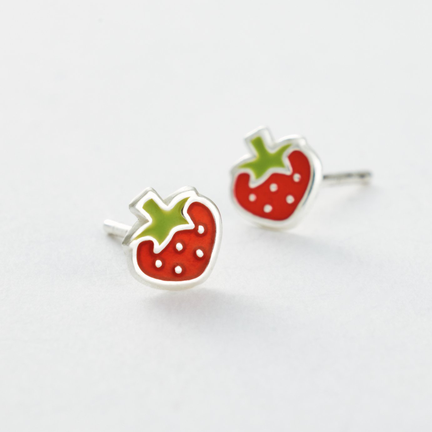Revere Kids Sterling Silver Green and Red Enamel Strawberry Stud Earrings
