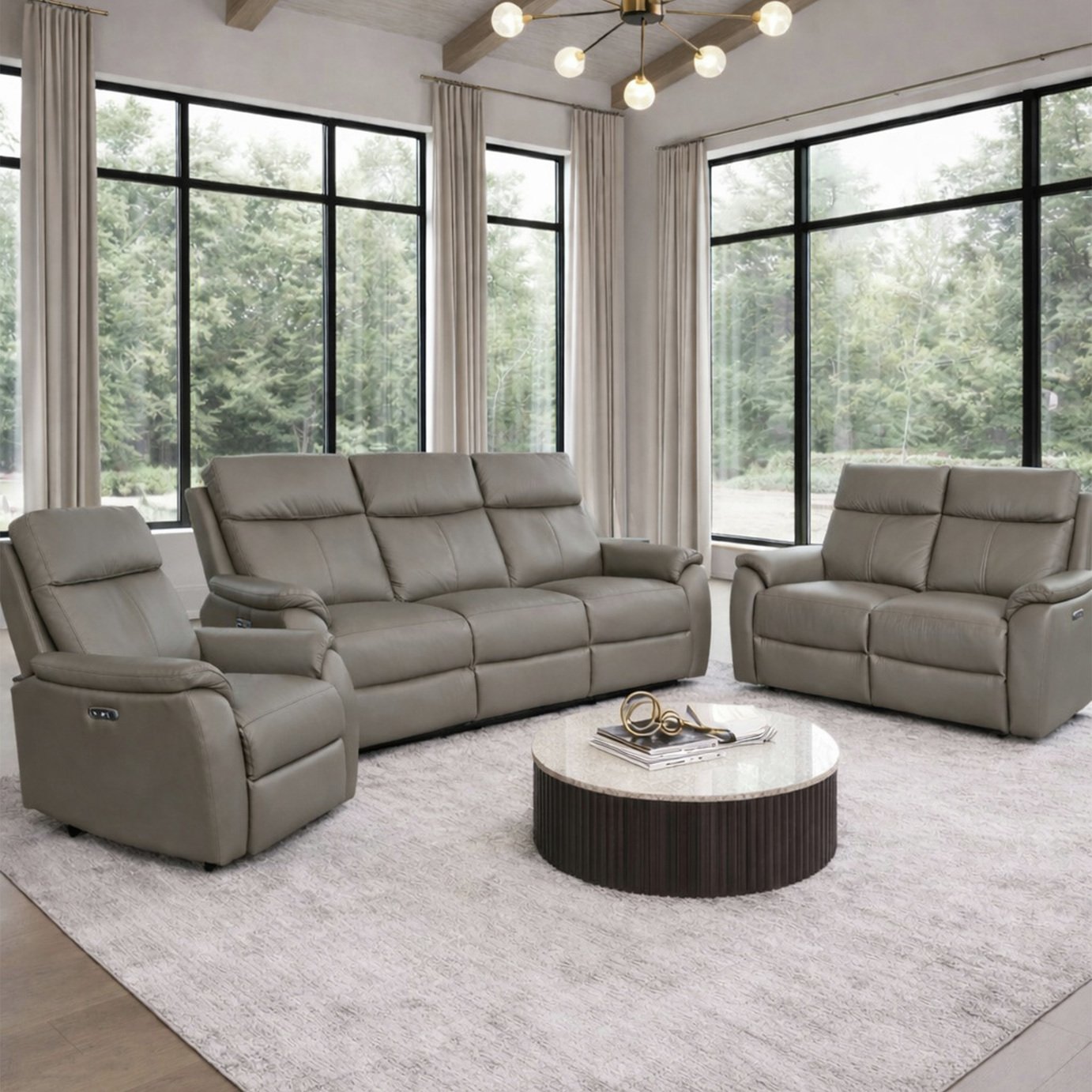 Aspire Kingsmere Leather 3, 2 & 1 Seater Power Recliner Sofa - Elephant