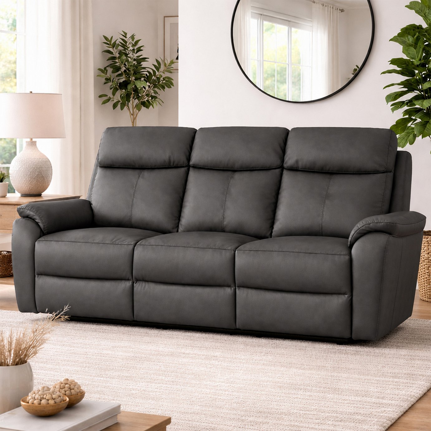 Aspire Kingsmere Leather 3 Seater Power Recliner Sofa - Charcoal