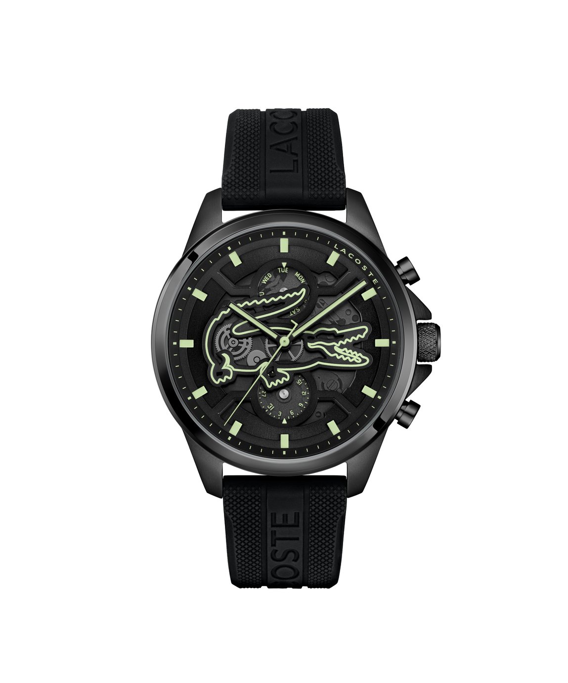Lacoste Arthor Skeleton Black Dial Black Silicone Strap Watch