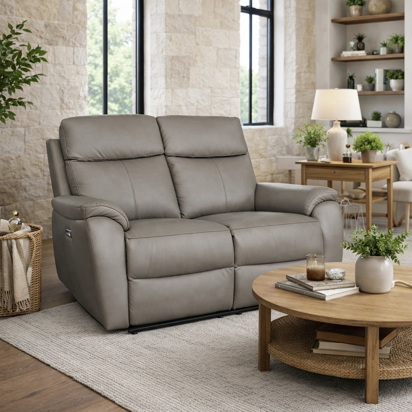 Aspire Kingsmere Leather 2 Seater Power Recliner Sofa with Metal Feet - Elephant