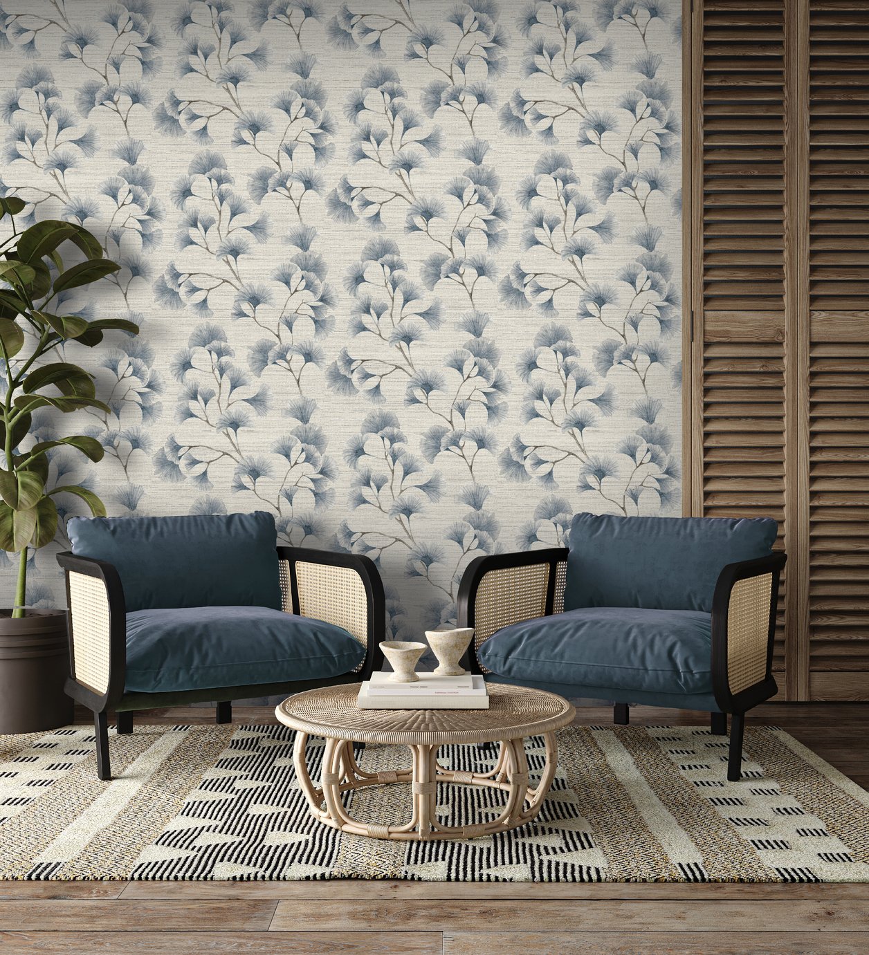Arthouse Ginkgo Leaf Trail Blue and Grey Wallpaper