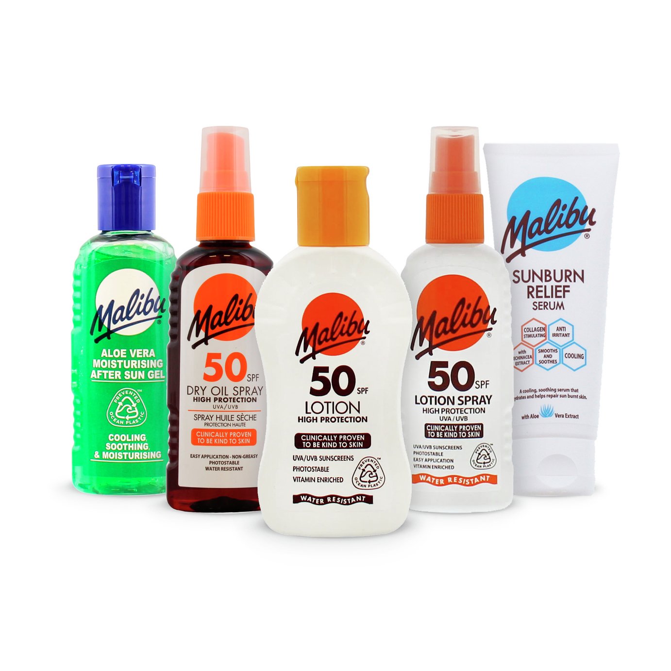 Malibu Travel Size Essentials SPF 50 5-Piece Sun Care Bundle 75ml-100ml
