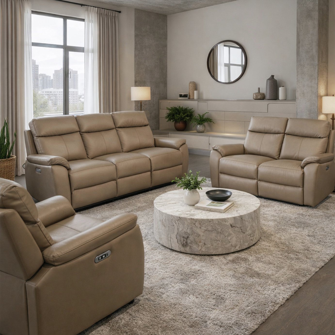 Aspire Kingsmere Leather 3, 2 & 1 Seater Power Recliner Sofa - Mushroom