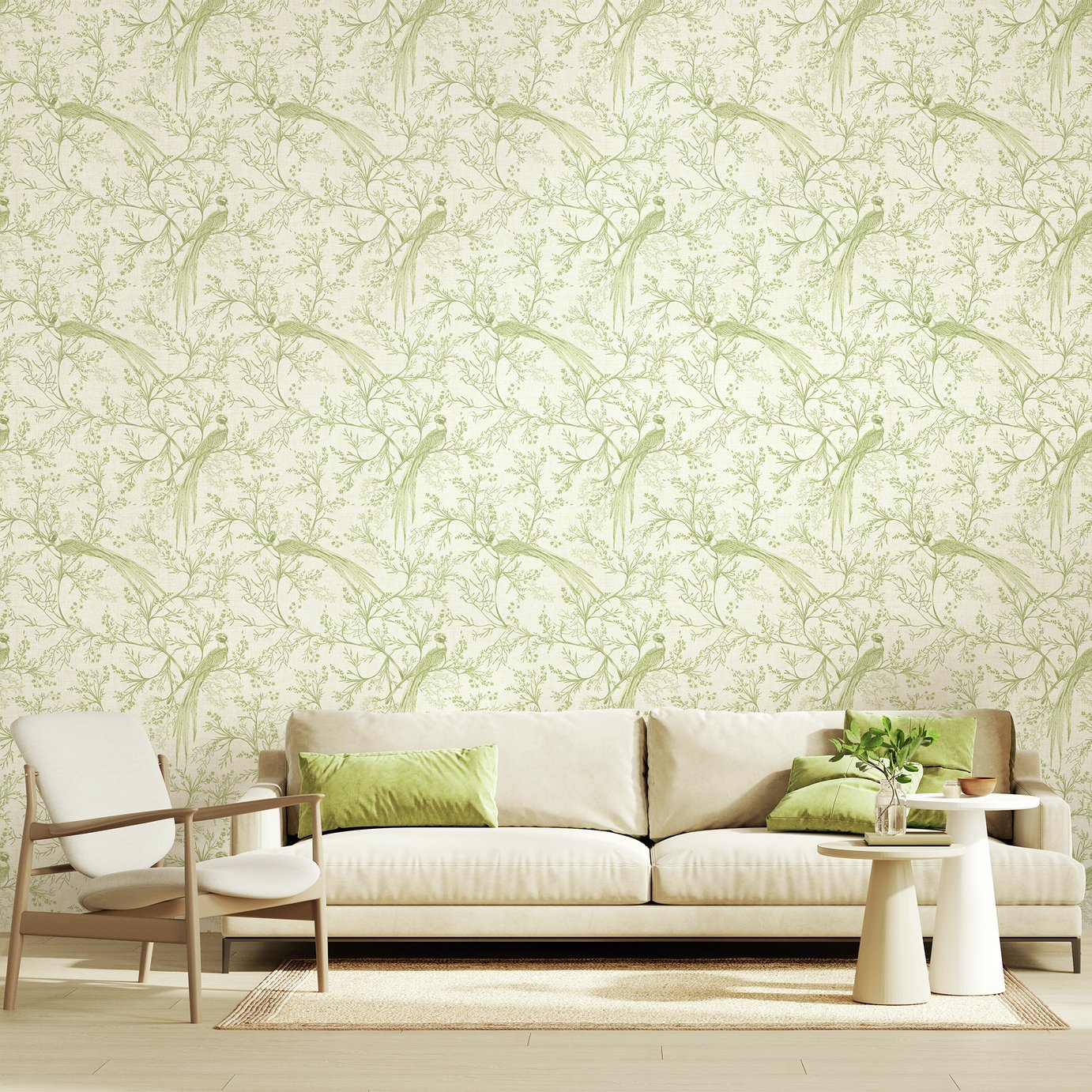 Hoopla Walls Bird Toile Sage Wallpaper
