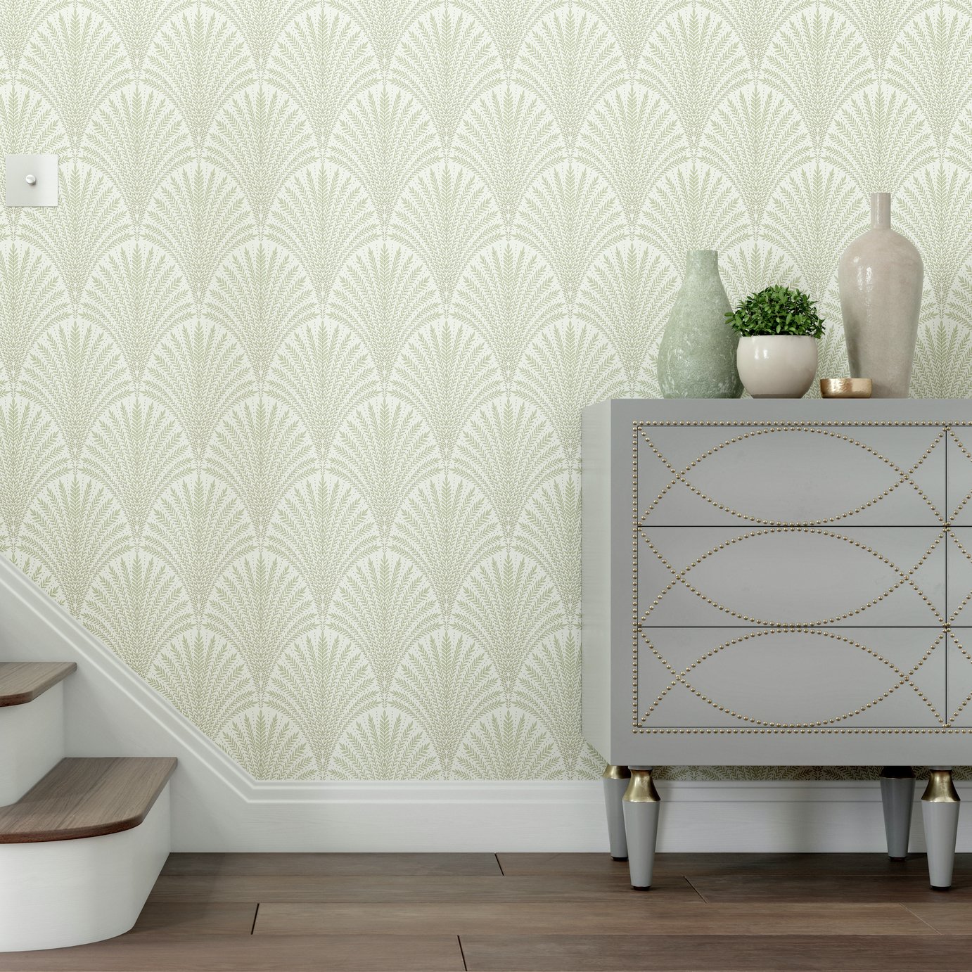 Hoopla Walls Elegance Leaf Fan Sage Wallpaper