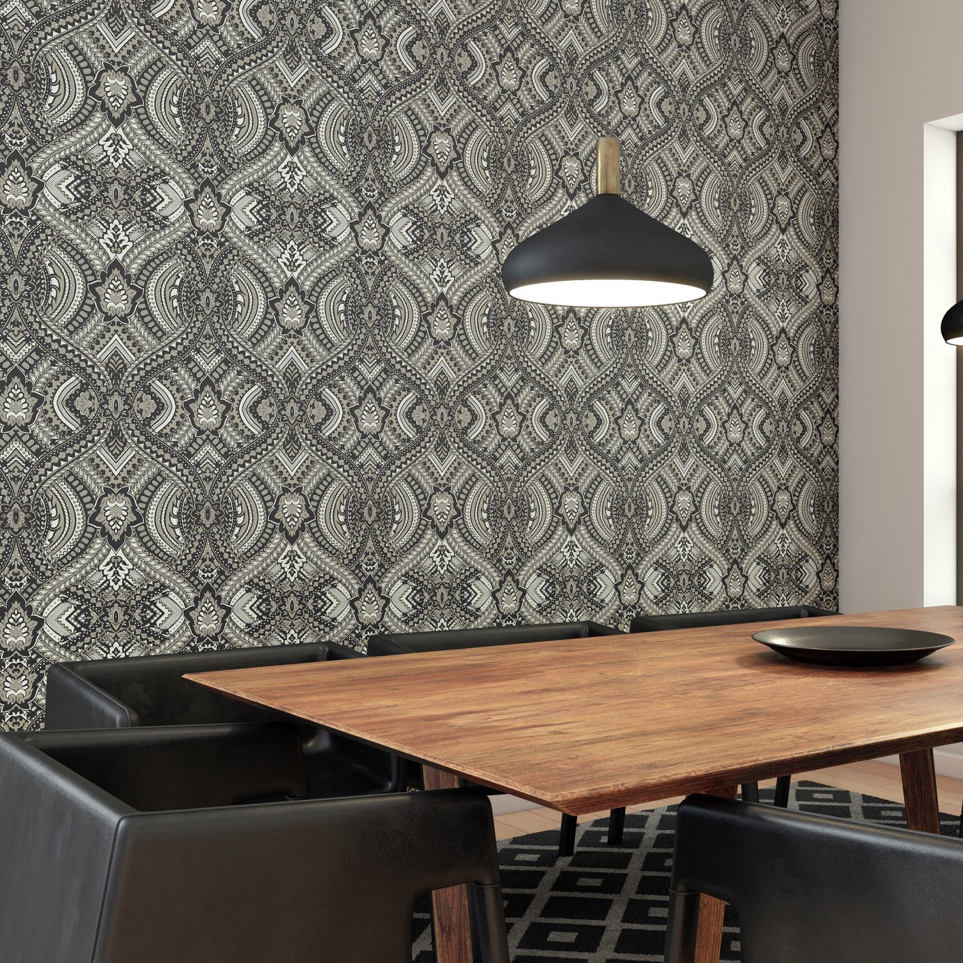 Hoopla Walls Elegance Ogee Damask Black Wallpaper