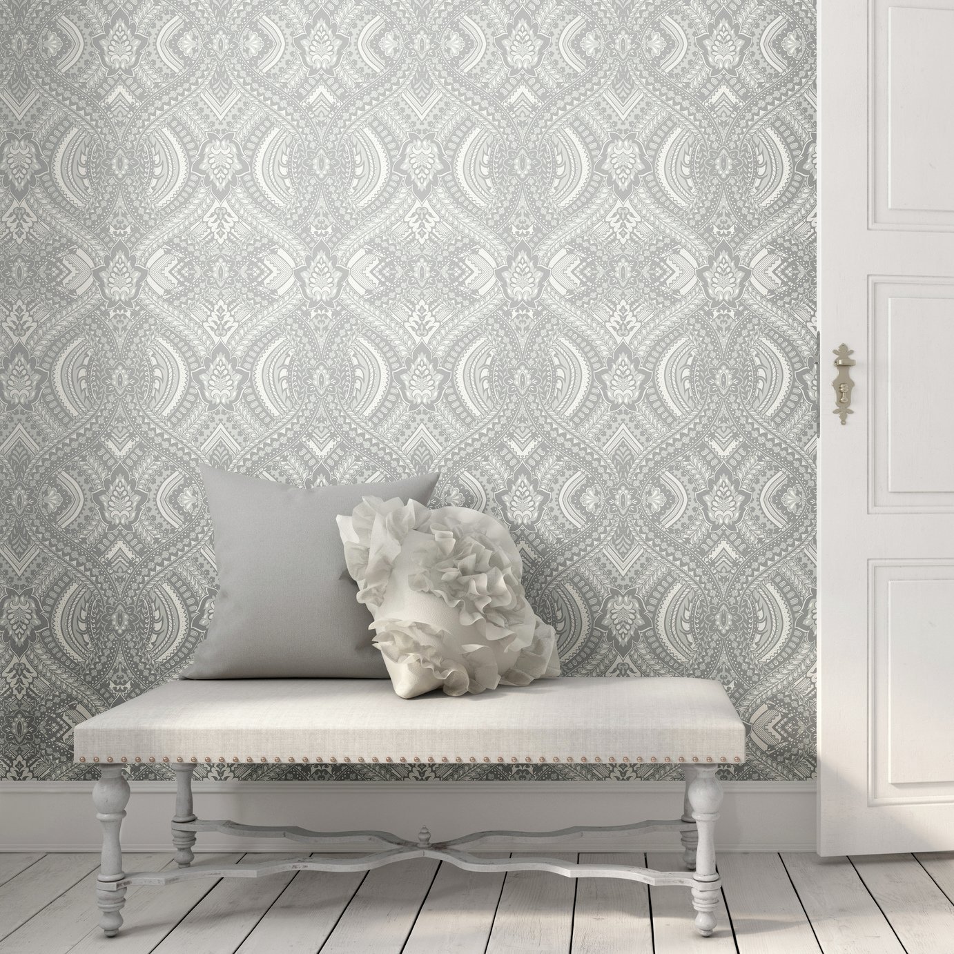 Hoopla Walls Elegance Ogee Damask Grey Wallpaper