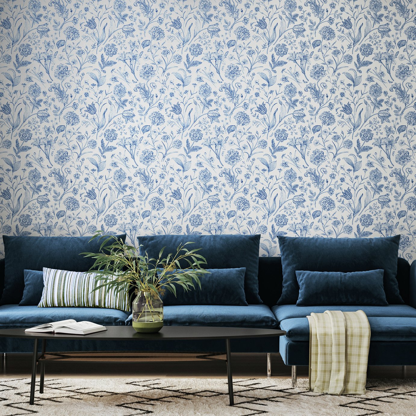 Hoopla Walls Floral Toile Blue Wallpaper