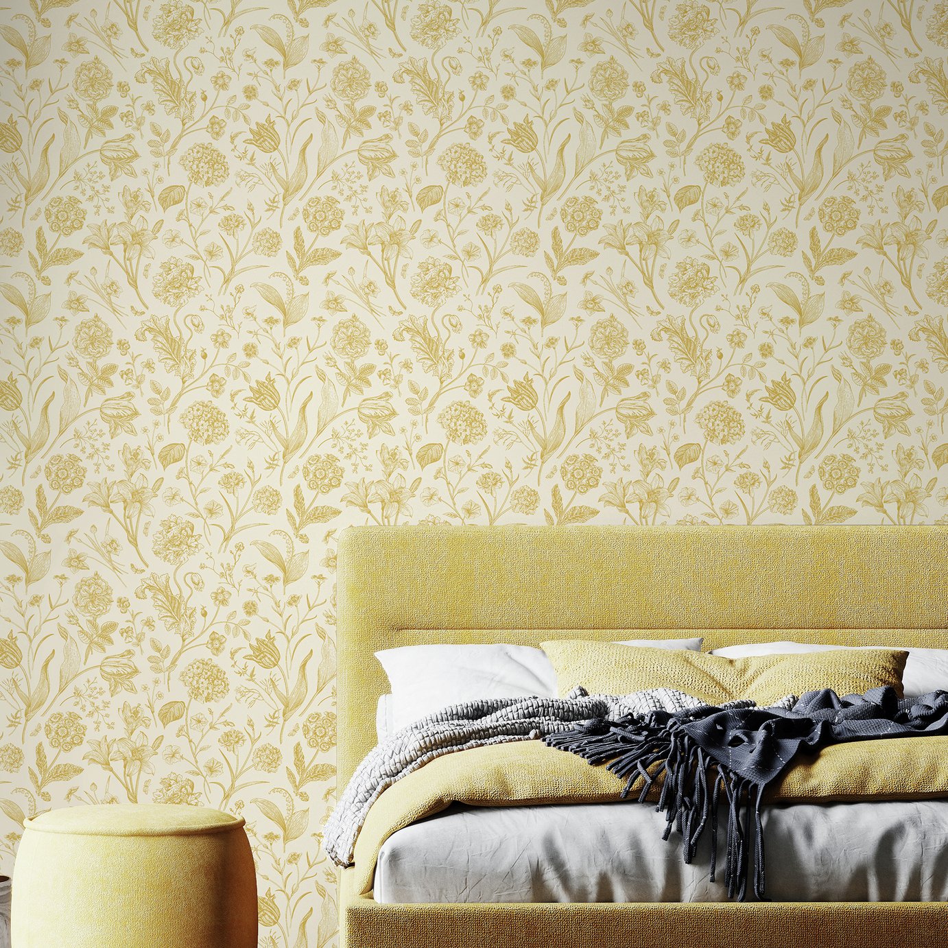 Hoopla Walls Floral Toile Rich Butter Wallpaper