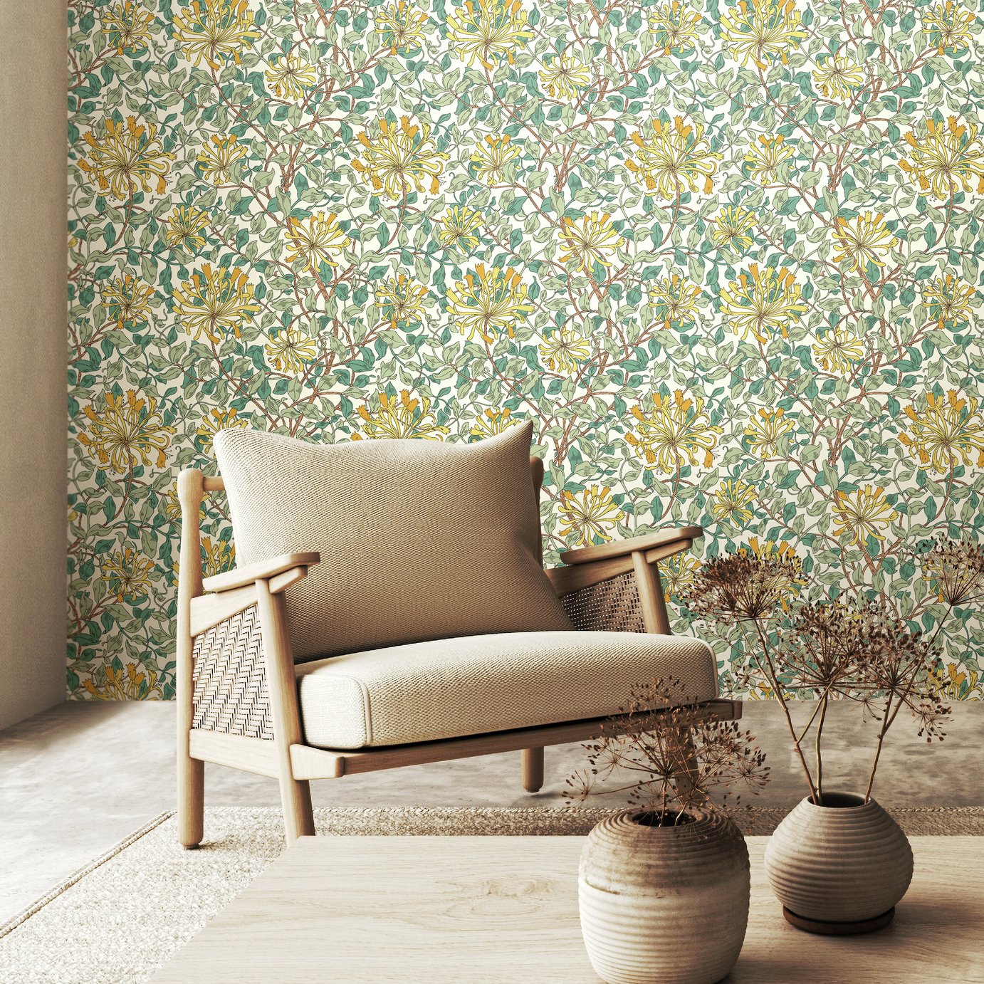 Hoopla Walls Honeysuckle Seafoam Wallpaper