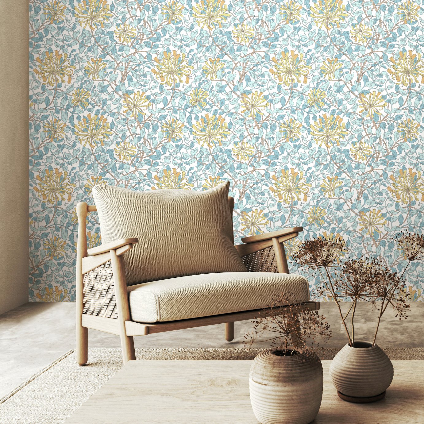 Hoopla Walls Honeysuckle Soft Blue Wallpaper
