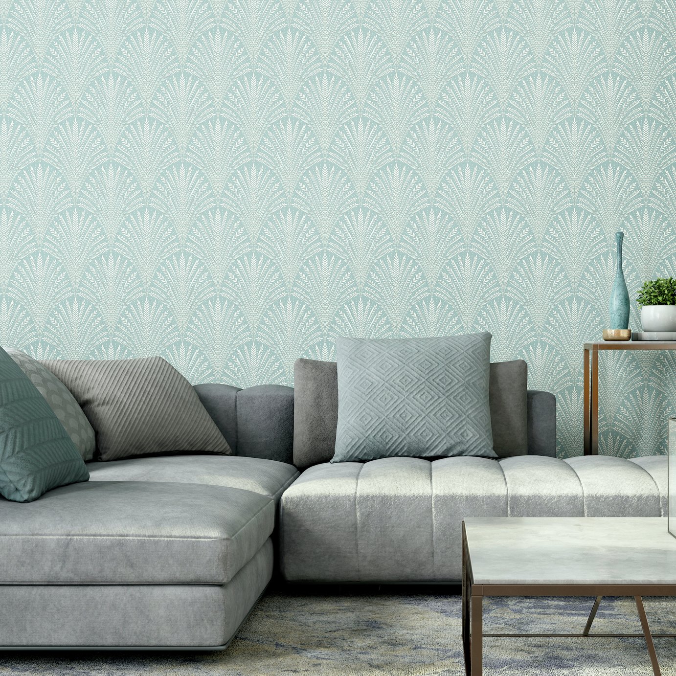 Hoopla Walls Leaf Fan Duck Egg Wallpaper