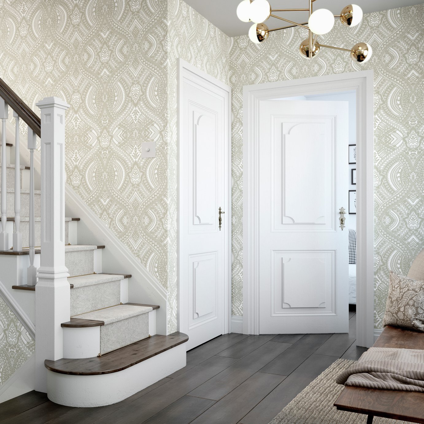 Hoopla Walls Ogee Damask Natural Wallpaper