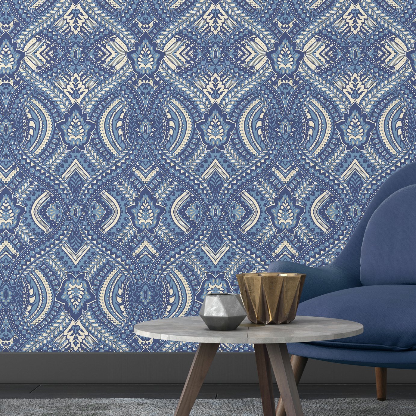 Hoopla Walls Ogee Damask Navy Wallpaper