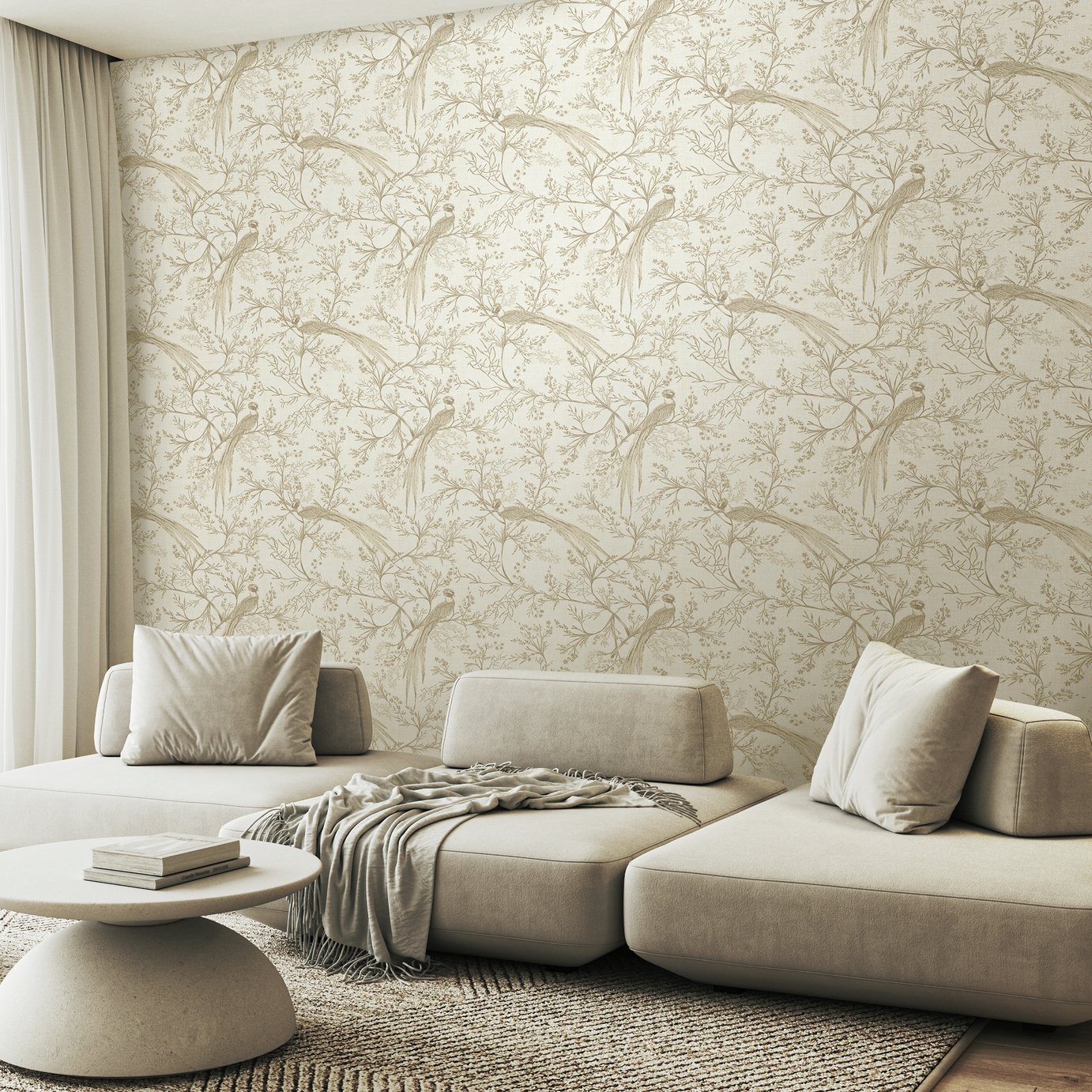 Hoopla Walls Purity Bird Toile Stone Wallpaper