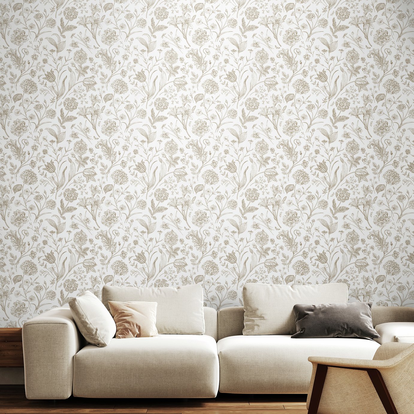 Hoopla Walls Purity Floral Toile Stone Wallpaper
