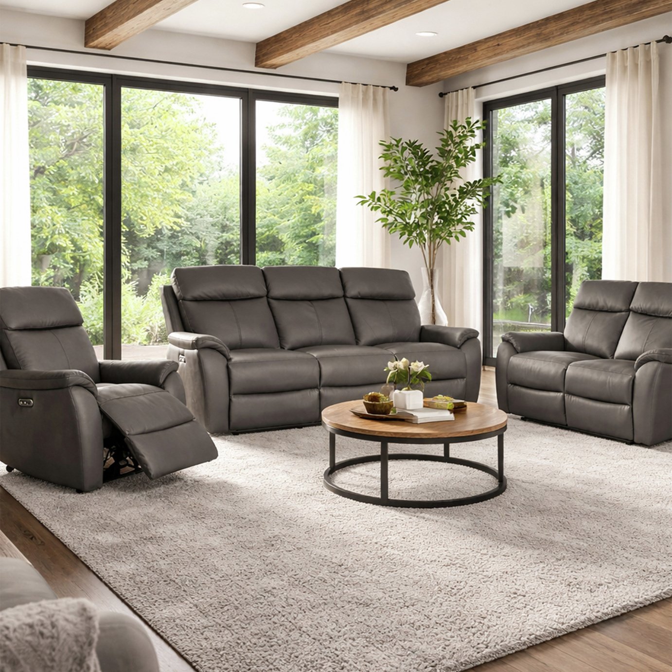 Aspire Kingsmere Leather 3, 2 & 1 Seater Power Recliner Sofa - Charcoal