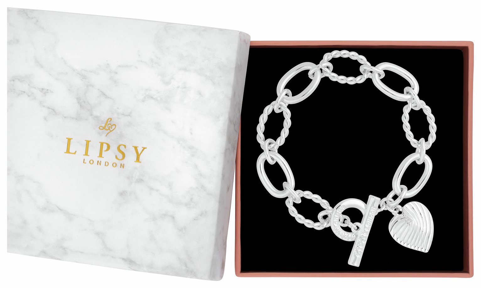 Lipsy Silver Plated Textured Heart Charm T-Bar Bracelet