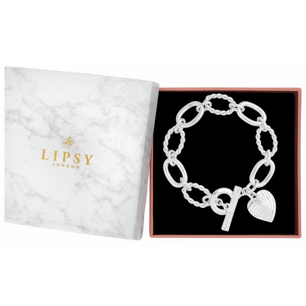 Buy Lipsy Silver Plated Textured Heart Charm T-Bar Bracelet