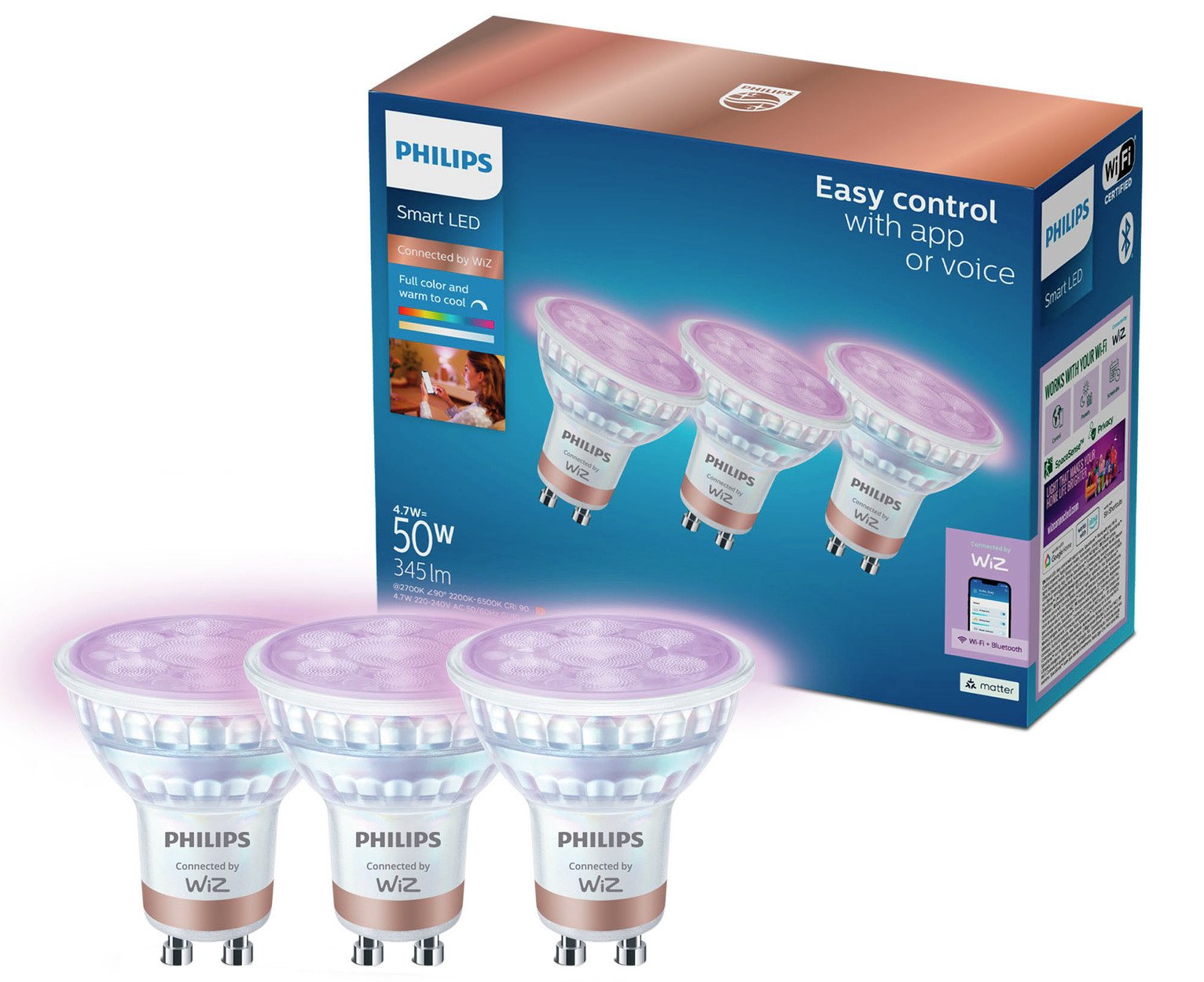 Philips WiZ GU10 4.7W Smart LED Bulb - Pack of 3