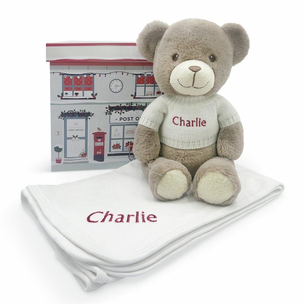 Babyblooms Personalised Christmas Bear And Baby Snuggle Wrap Gift Set