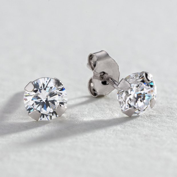 Buy Revere 9ct White Gold Round Cubic Zirconia Stud Earrings