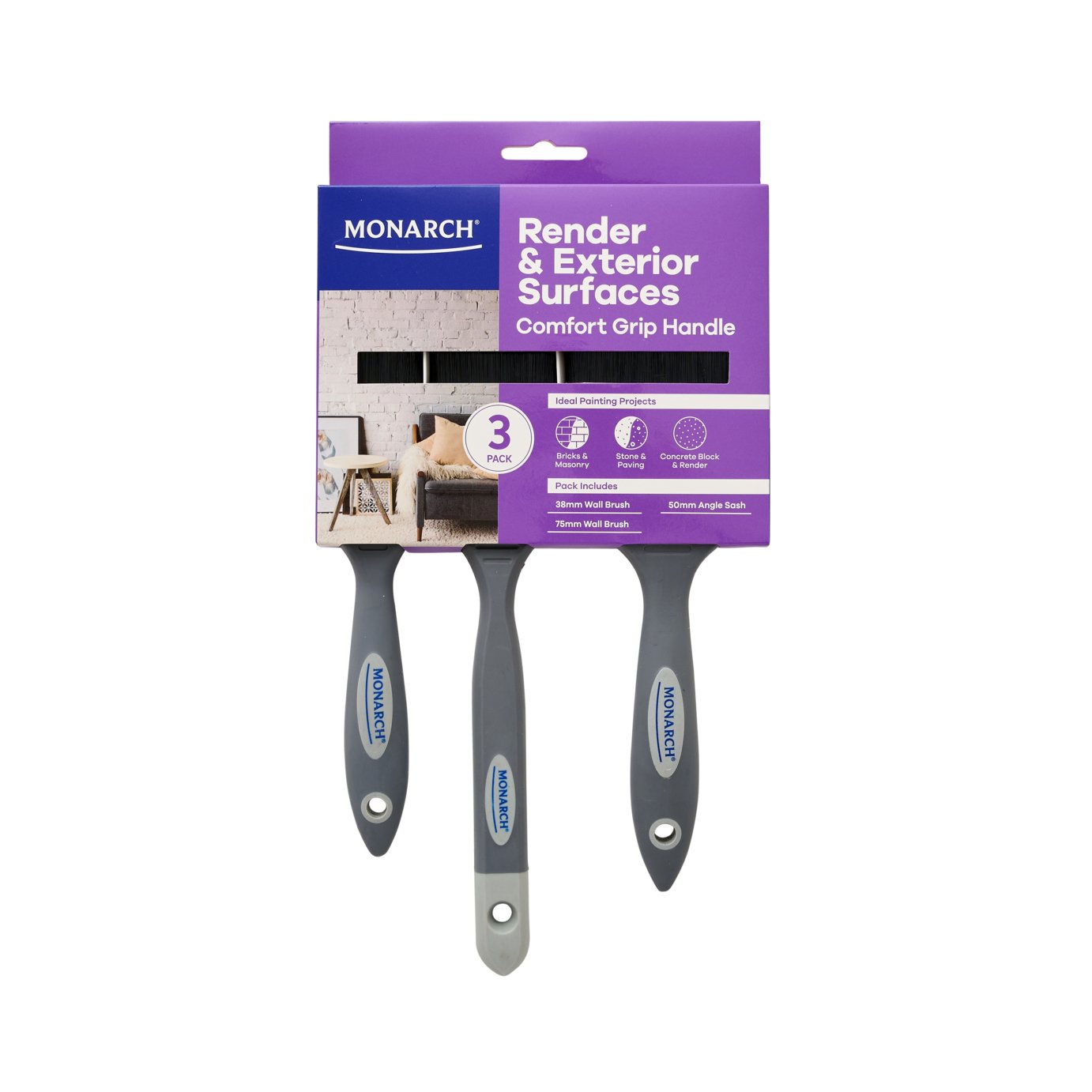 Monarch Render and Exterior Surfaces Paint Brush - Pack of 3