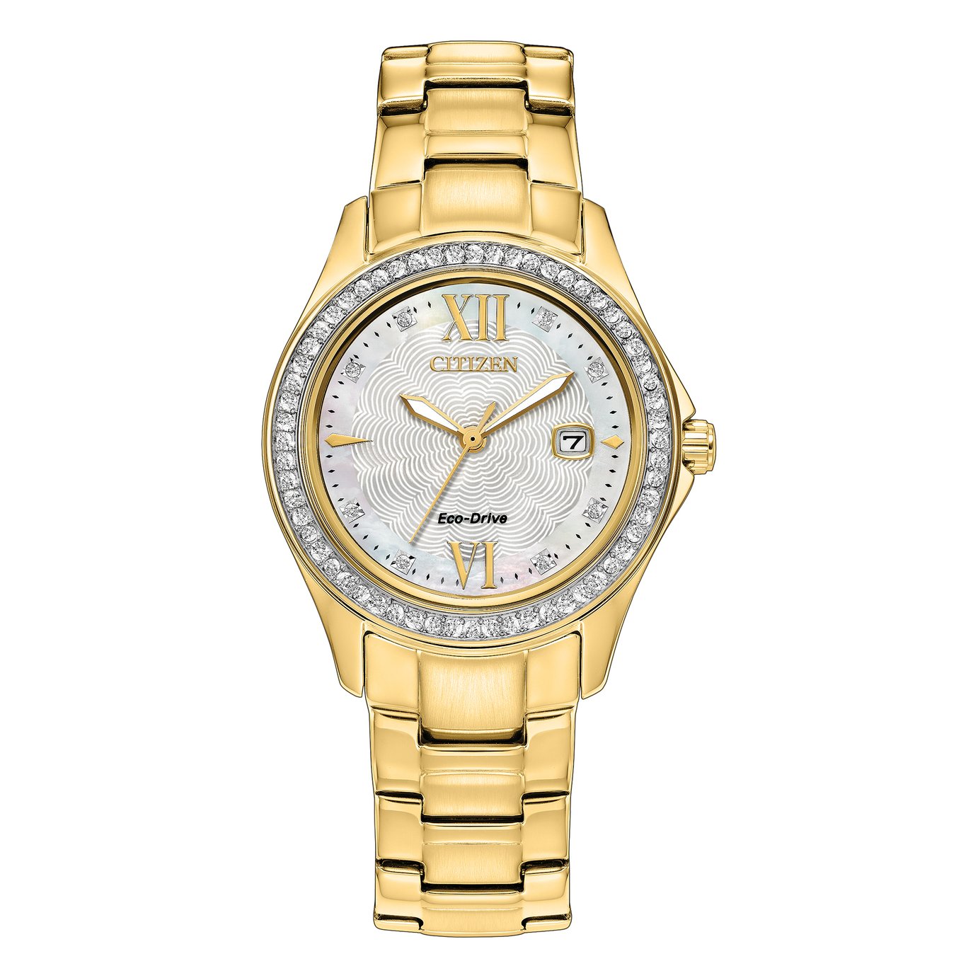 Citizen White Dial Crystal Brezel Gold Tone Stainless Steel Bracelet Watch