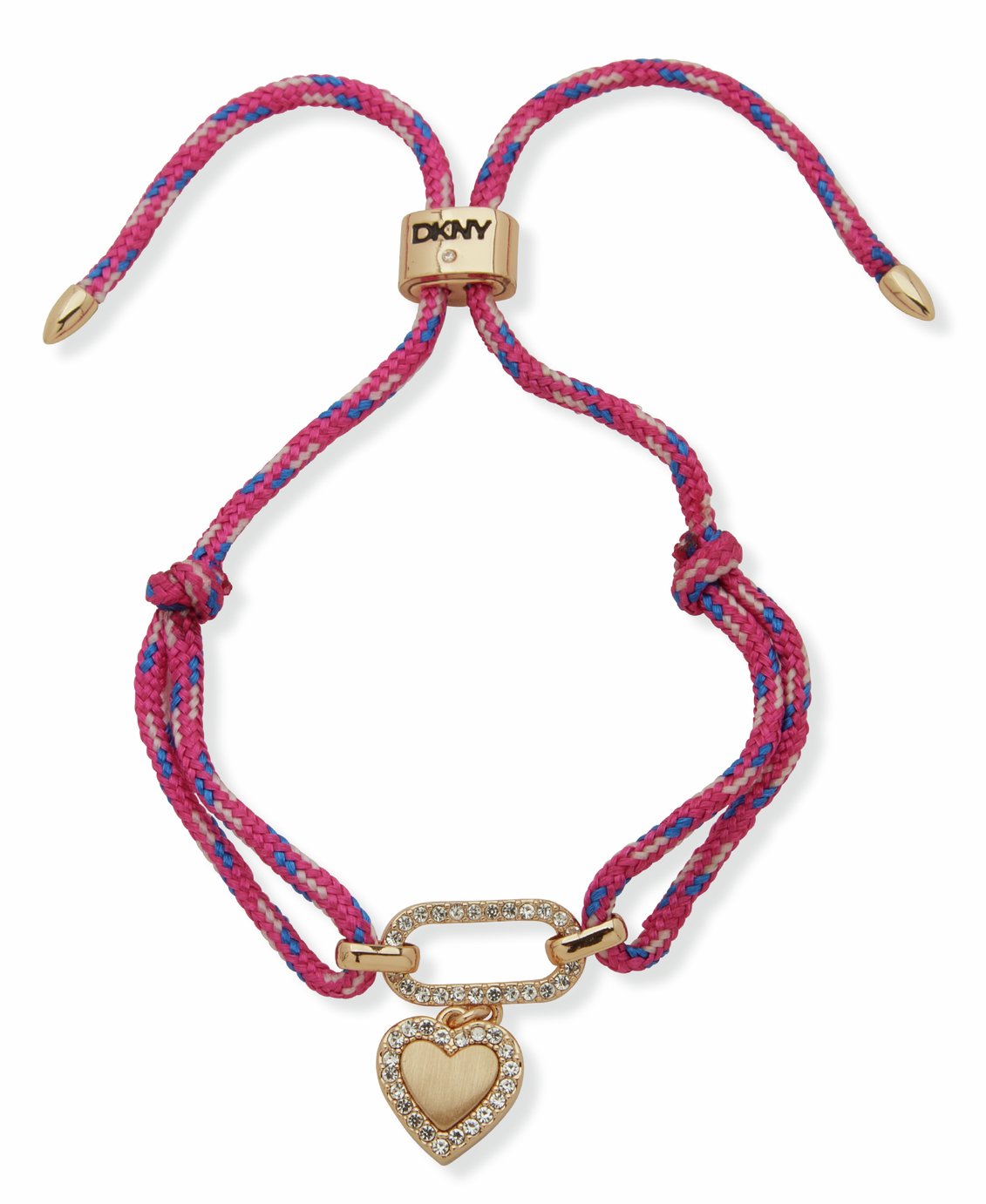 DKNY Gold Tone Pave Heart Charm Pink Cord Slider Bracelet