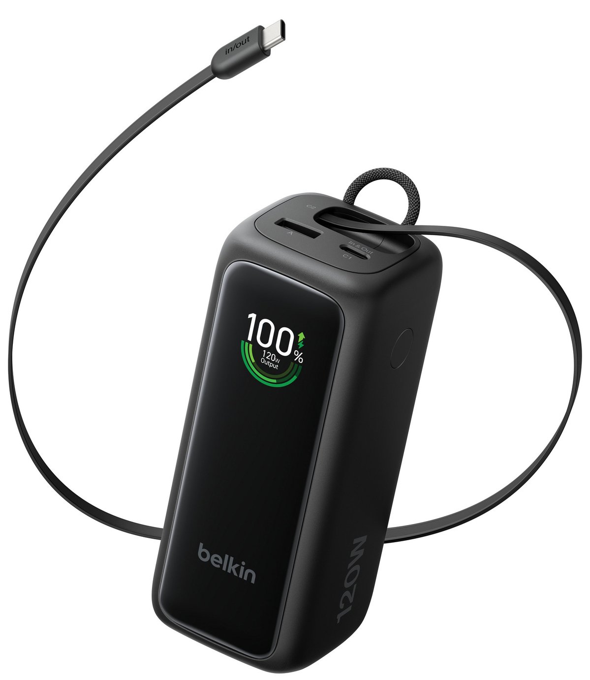 Belkin 120W 22000mAh Portable Power Bank with Retractable USB-C Cable - Black