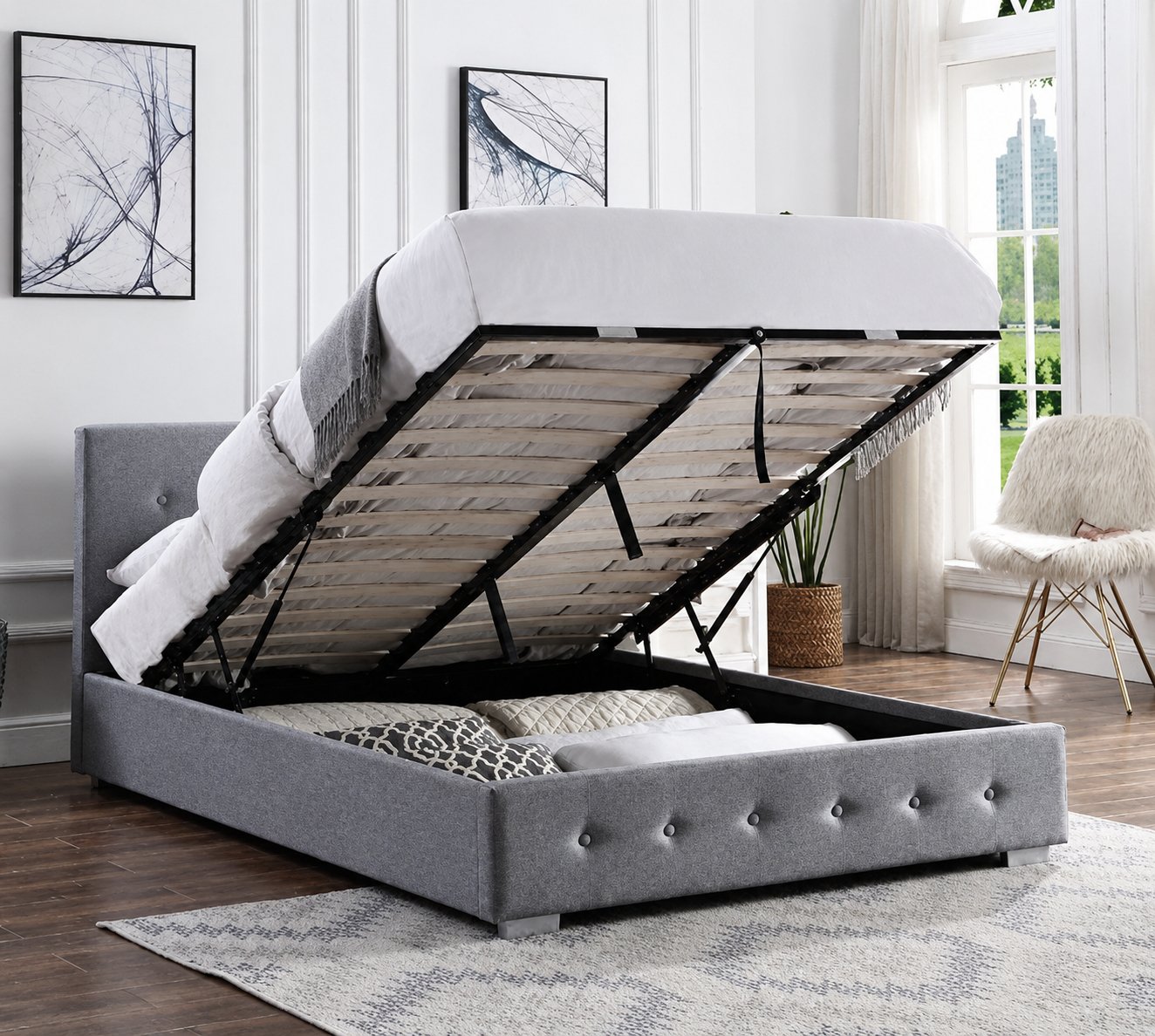 Home Treats Small Double 4ft Ottoman Bed Frame End Lift Storage - Grey