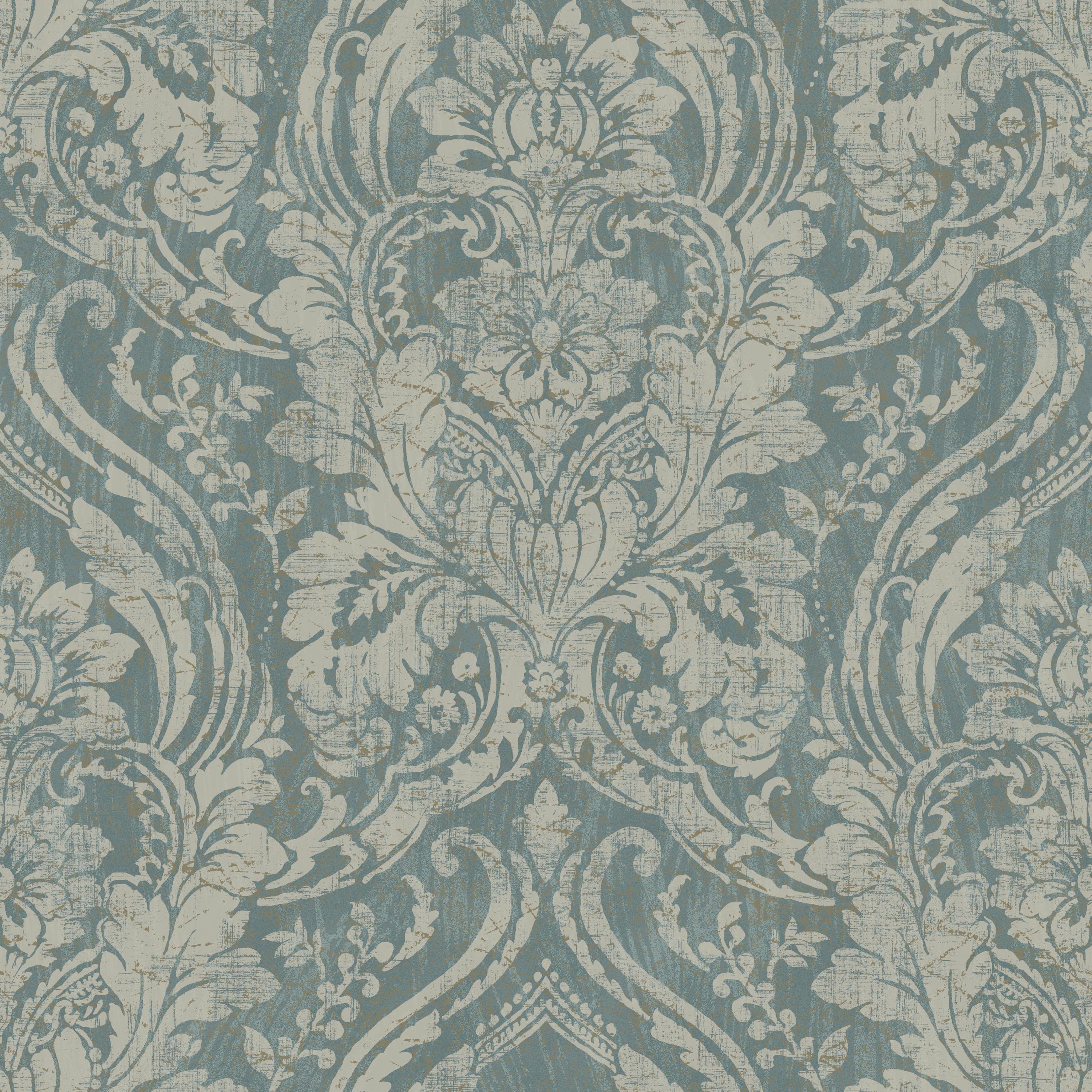 Grandeco Textured Distressed Metallic Damask Wallpaper - Teal