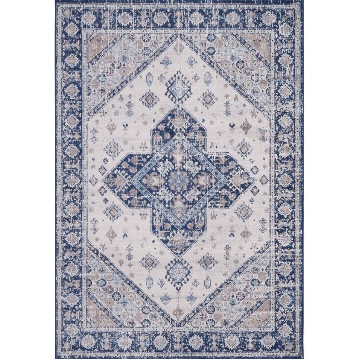 The Rugs Navy and Cream Montana Bordered Pet Friendly Rug - 80 x 150cm