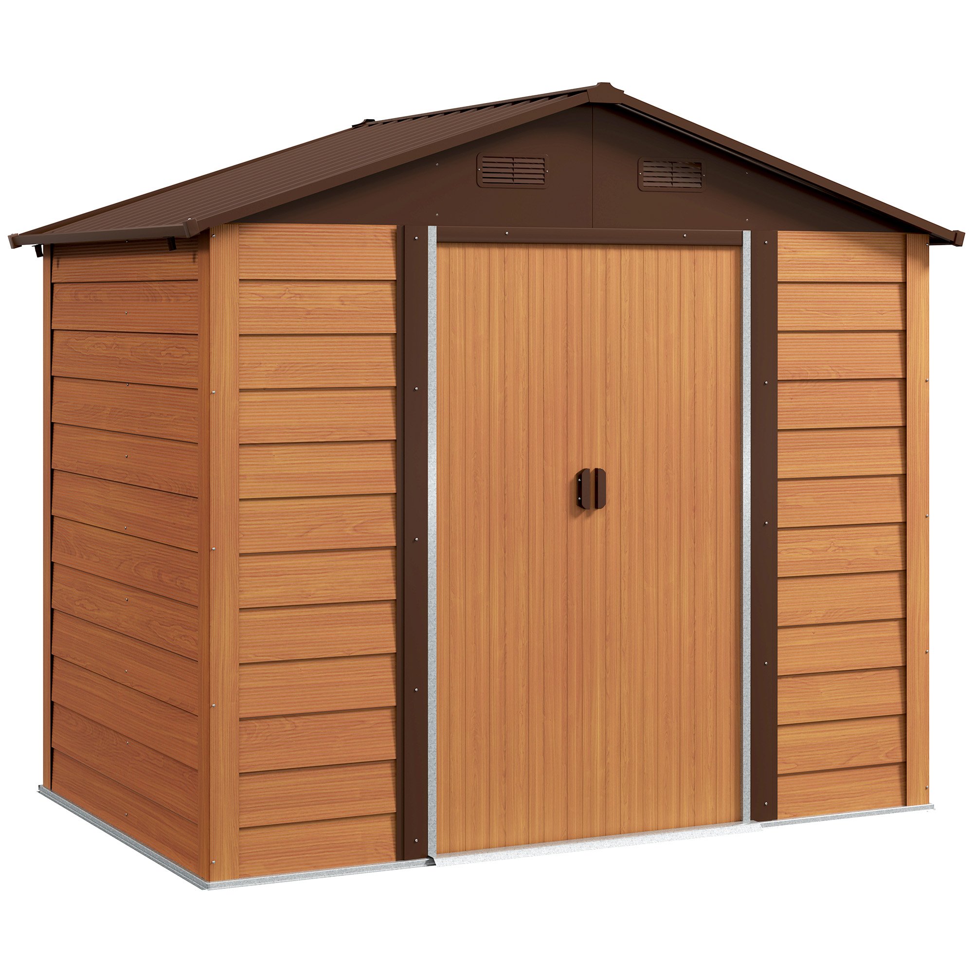 Outsunny Metal Garden Shed Sliding Door and Sloped Roof for Garden - Brown Wood